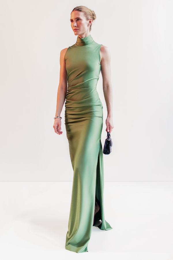 VESTIDO LONGO VERDE FENDA LATERAL UNITY SEVEN
