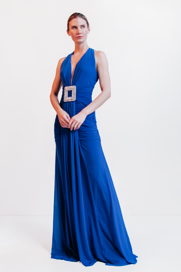 VESTIDO LONGO AZUL COM DECOTE E FIVELA DE CRISTAL UNITY SEVEN