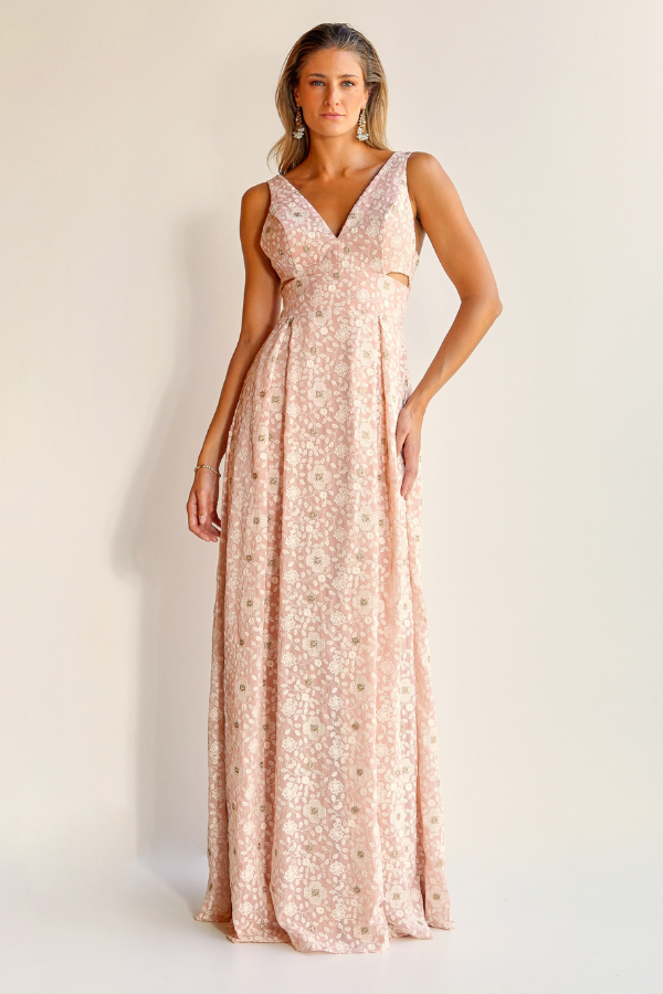 VESTIDO LONGO FLORAL COM RECORTE LATERAL UNITY SEVEN