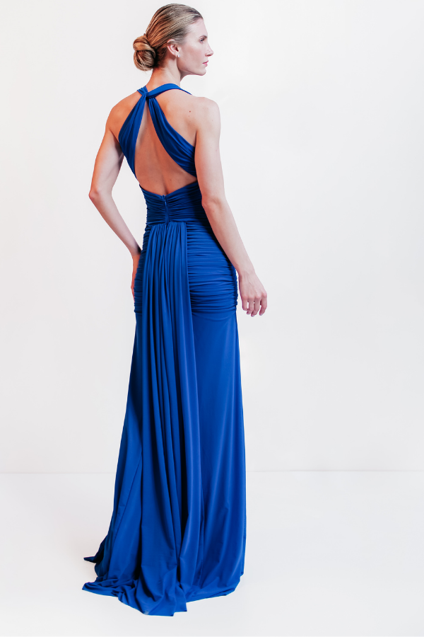 VESTIDO LONGO AZUL COM DECOTE E FIVELA DE CRISTAL UNITY SEVEN