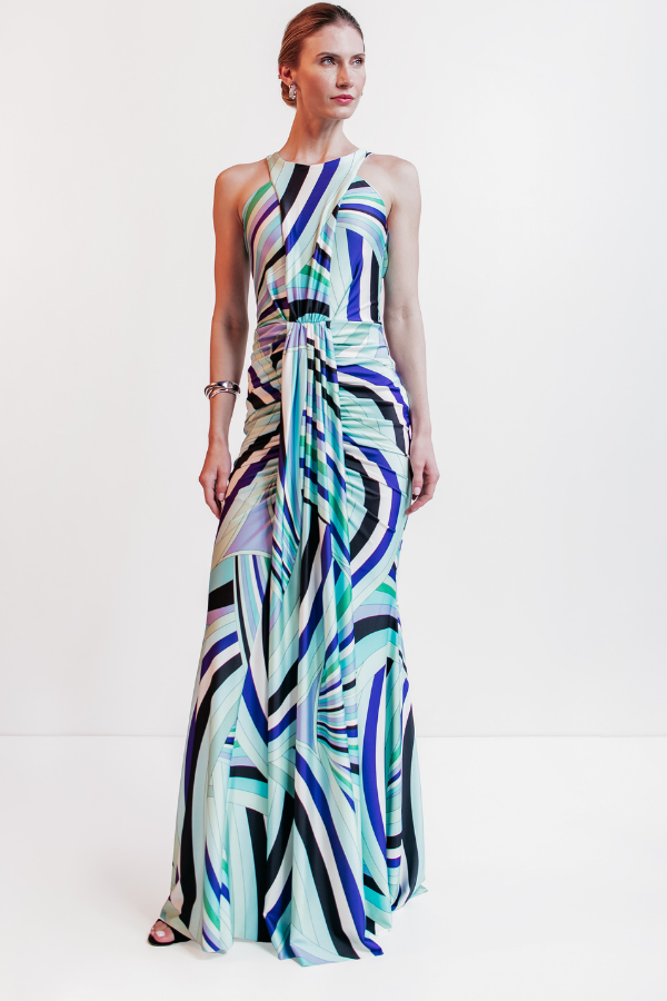 VESTIDO LONGO ESTAMPADO COM RECORTES UNITY SEVEN