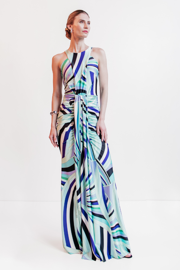 VESTIDO LONGO ESTAMPADO COM RECORTES UNITY SEVEN
