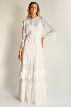 VESTIDO LONGO FLUIDO BRANCO COM MANGAS UNITY SEVEN