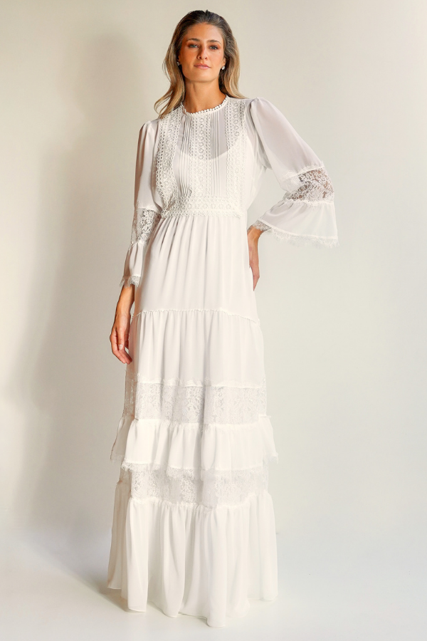 VESTIDO LONGO FLUIDO BRANCO COM MANGAS UNITY SEVEN