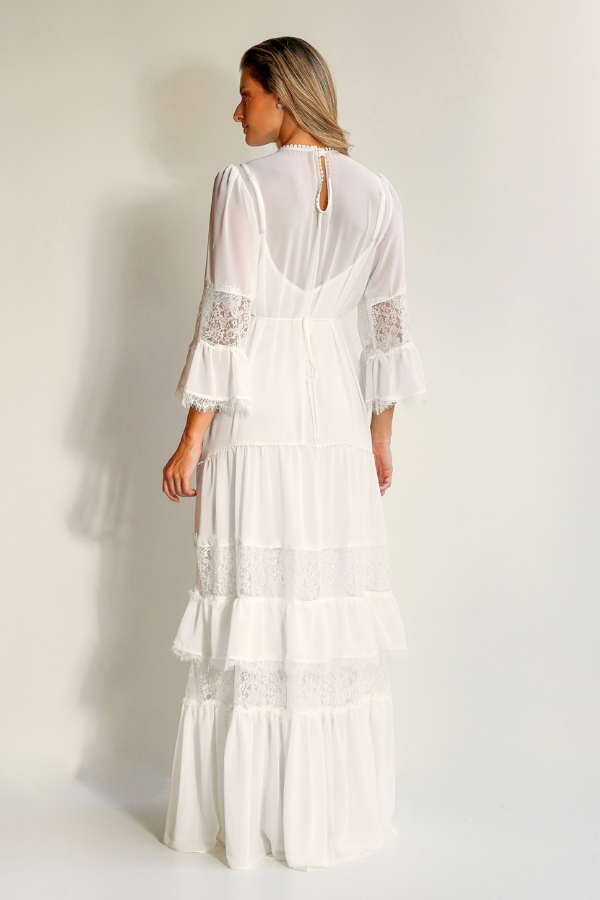 VESTIDO LONGO FLUIDO BRANCO COM MANGAS UNITY SEVEN