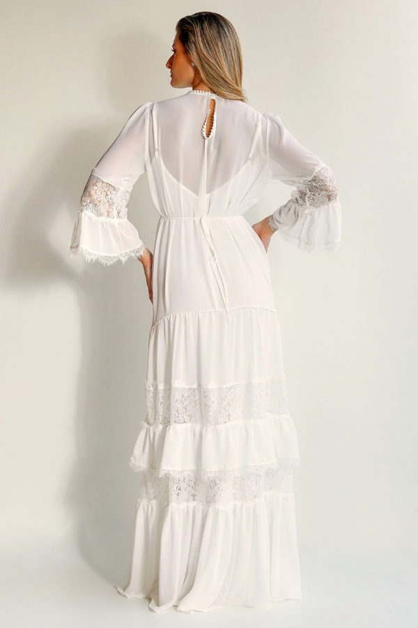 VESTIDO LONGO FLUIDO BRANCO COM MANGAS UNITY SEVEN
