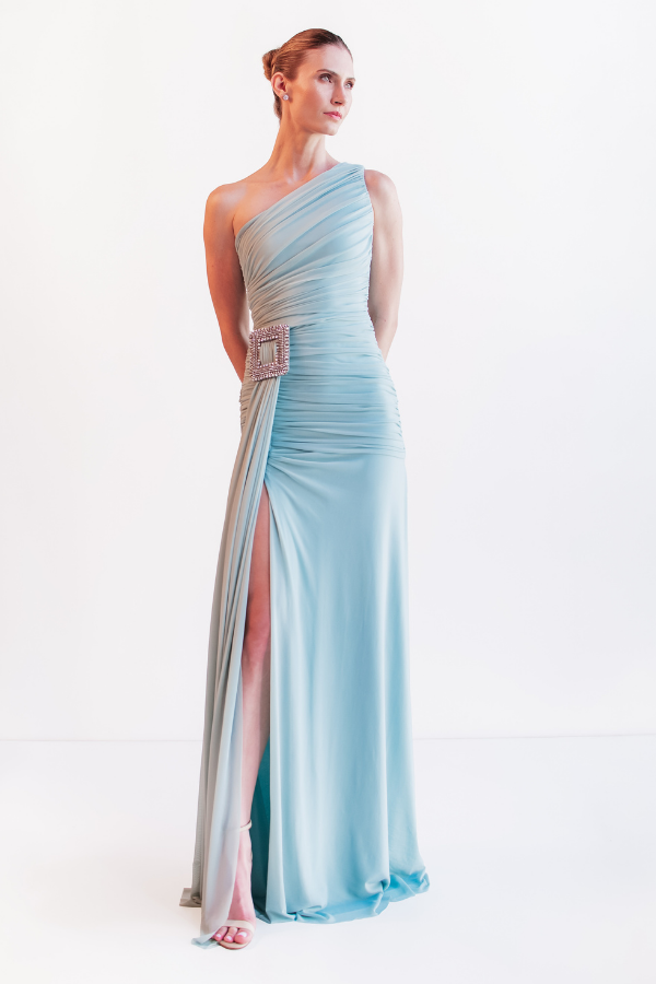 VESTIDO LONGO ASSIMETRICO AZUL CLARO UNITY SEVEN