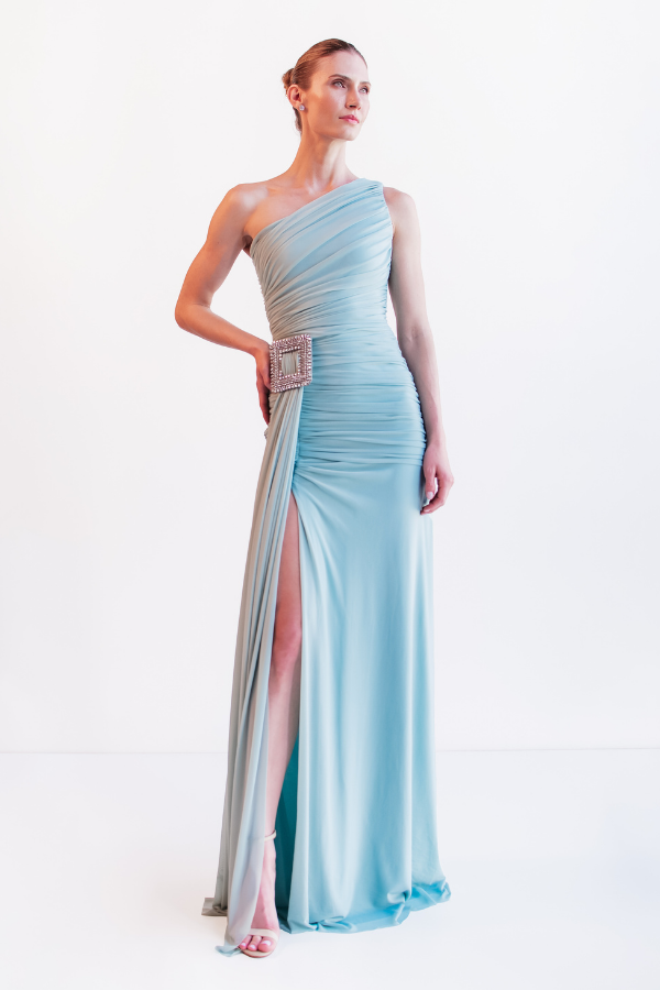 VESTIDO LONGO ASSIMETRICO AZUL CLARO UNITY SEVEN