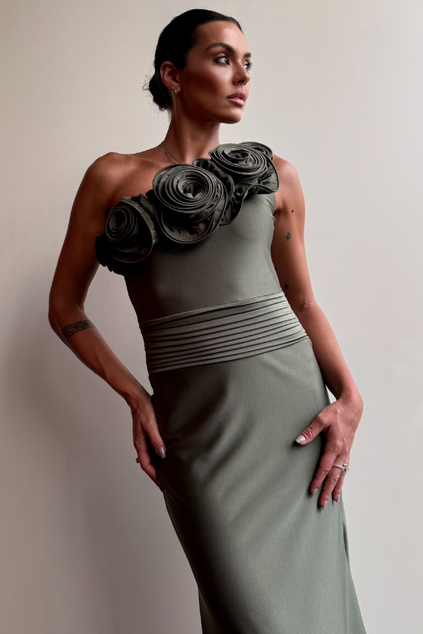 VESTIDO LONGO VERDE DE UMA MANGA SO
