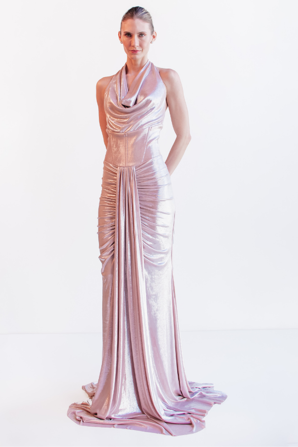 VESTIDO LONGO METALIZADO COM DECOTE HALTER UNITY SEVEN