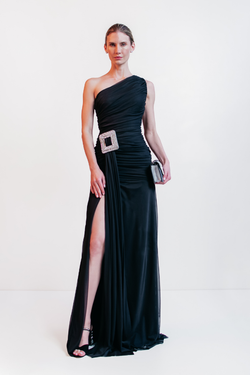VESTIDO LONGO ASSIMETRICO PRETO UNITY SEVEN