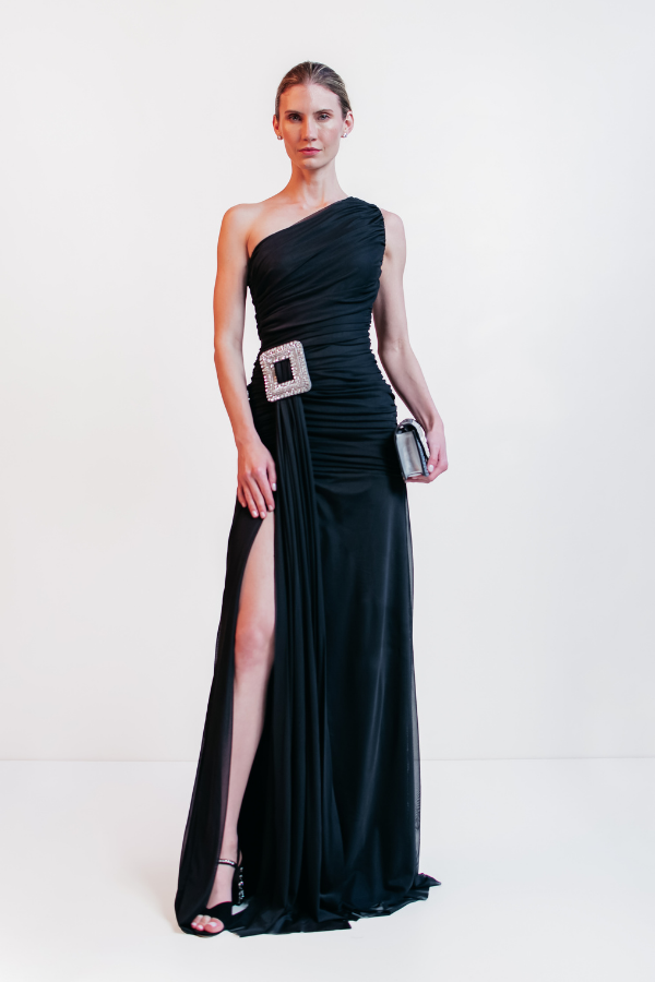 VESTIDO LONGO ASSIMETRICO PRETO UNITY SEVEN
