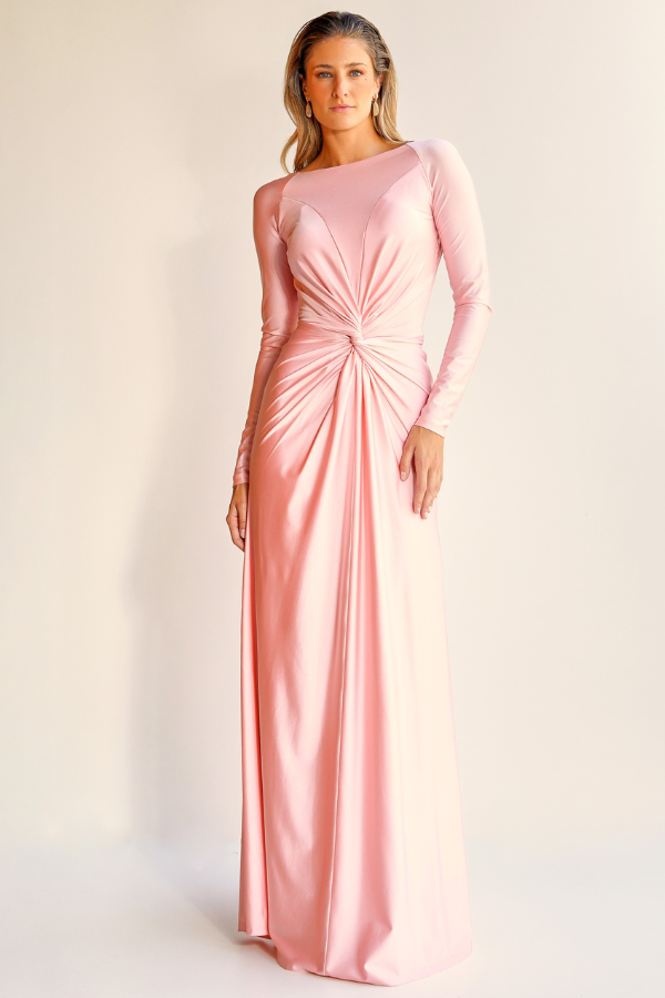 VESTIDO LONGO ROSA COM MANGAS LONGAS UNITY SEVEN