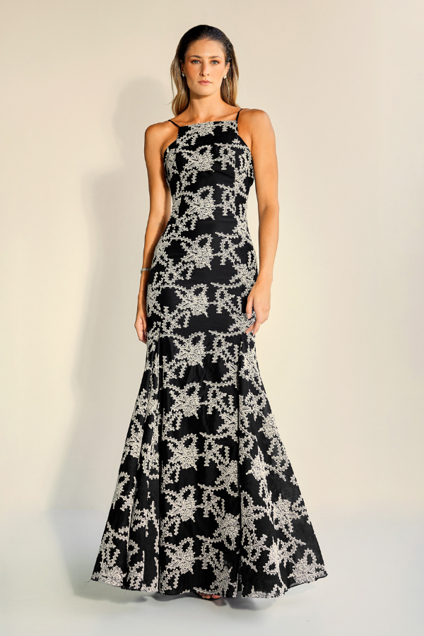 VESTIDO LONGO PRETO FLORAL UNITY SEVEN