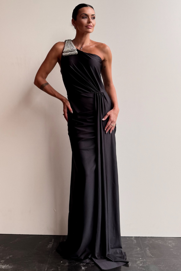 VESTIDO LONGO COM APLICAÇÃO NO OMBRO UNITY SEVEN