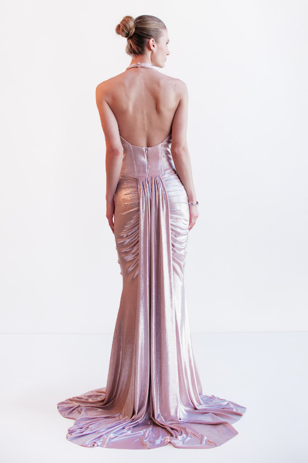 VESTIDO LONGO METALIZADO COM DECOTE HALTER UNITY SEVEN
