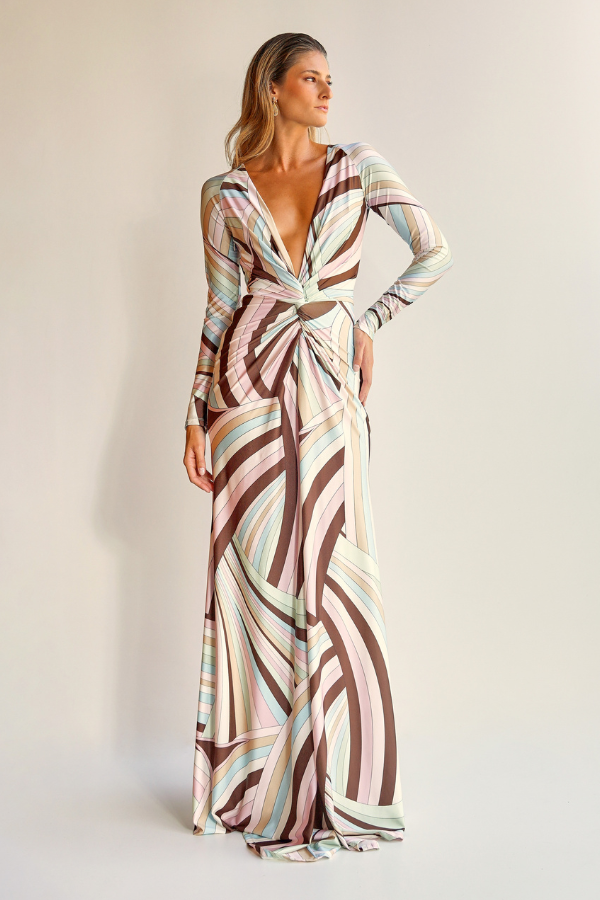 VESTIDO LONGO ESTAMPADO COM MANGAS LONGAS UNITY SEVEN