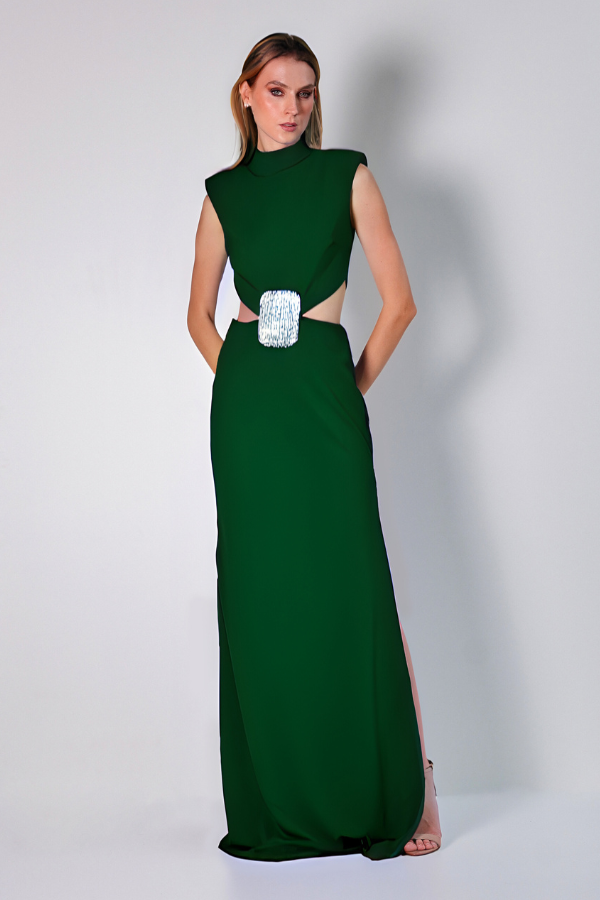 VESTIDO LONGO VERDE COM RECORTES UNITY SEVEN
