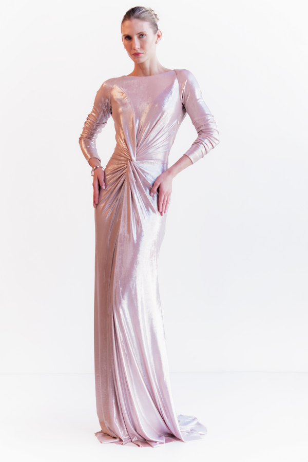 VESTIDO LONGO ROSÉ METALIZADO COM MANGAS LONGAS UNITY SEVEN