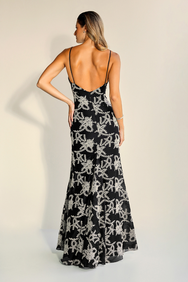 VESTIDO LONGO PRETO FLORAL UNITY SEVEN