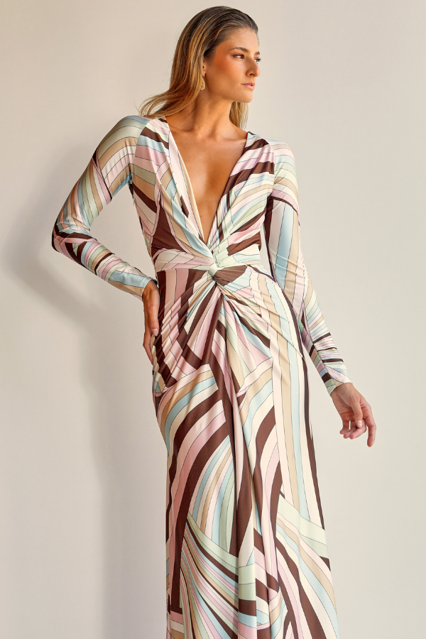 VESTIDO LONGO ESTAMPADO COM MANGAS LONGAS UNITY SEVEN