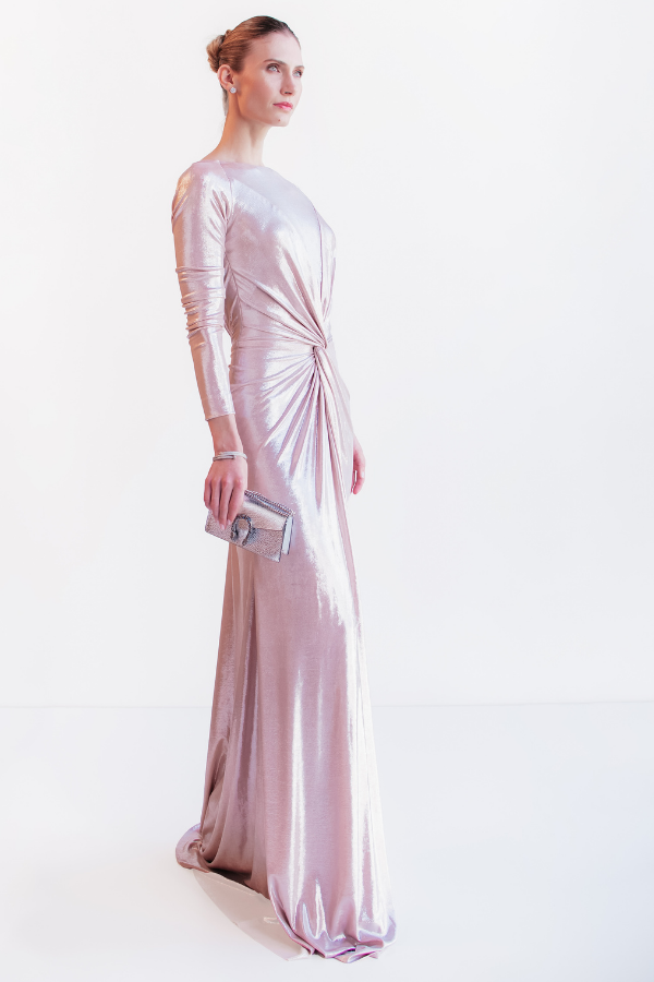 VESTIDO LONGO ROSÉ METALIZADO COM MANGAS LONGAS UNITY SEVEN