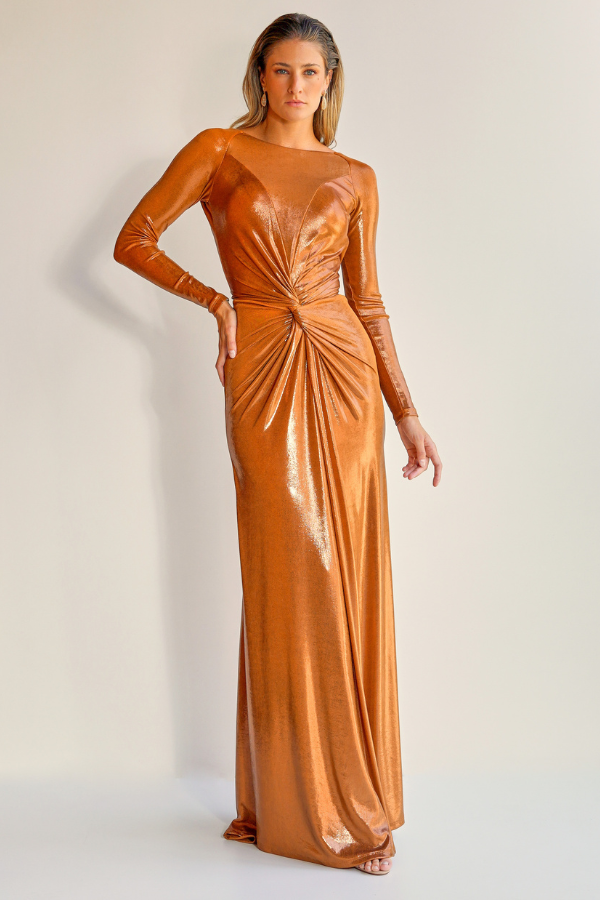 VESTIDO LONGO COBRE COM MANGAS LONGAS UNITY SEVEN