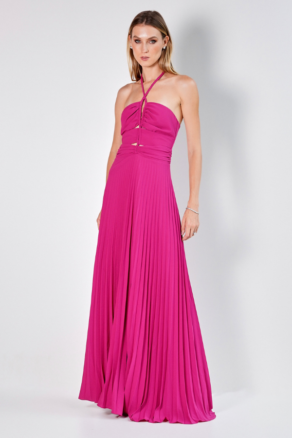 VESTIDO LONGO ROSA FLUIDO PLISSADO UNITY SEVEN