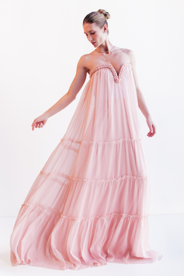 VESTIDO LONGO ROSA EM CHIFFON UNITY SEVEN