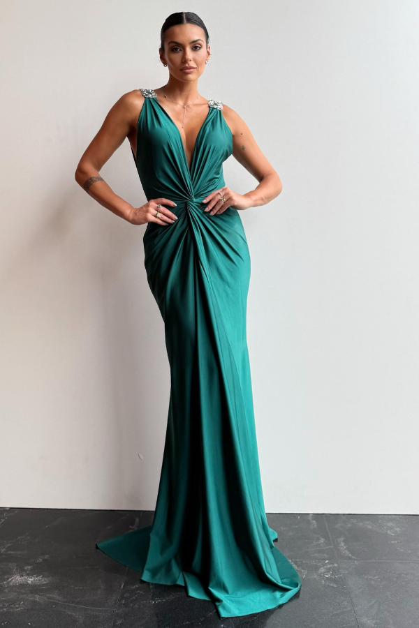 VESTIDO LONGO VERDE COM DETALHES NOS OMBROS UNITY SEVEN
