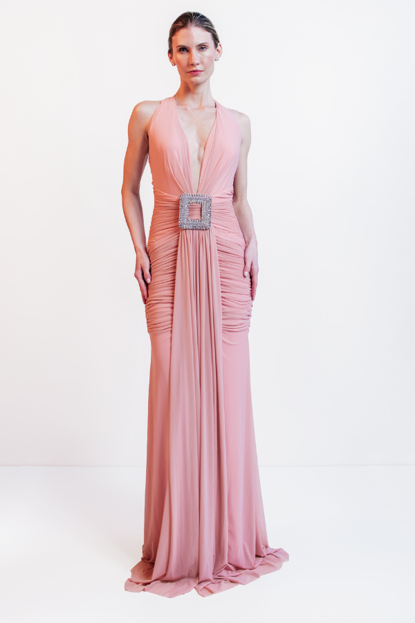 VESTIDO LONGO ROSA COM FIVELA DE CRISTAL UNITY SEVEN