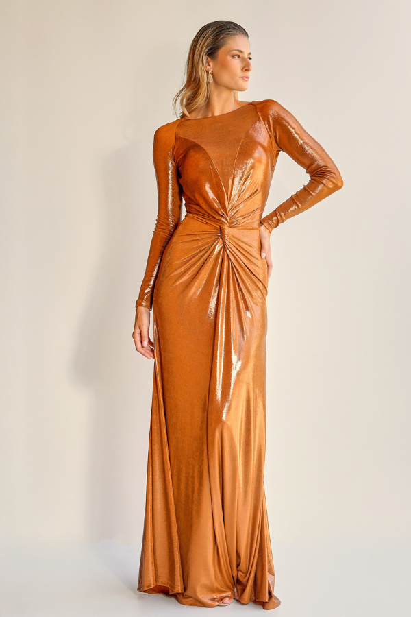 VESTIDO LONGO COBRE COM MANGAS LONGAS UNITY SEVEN