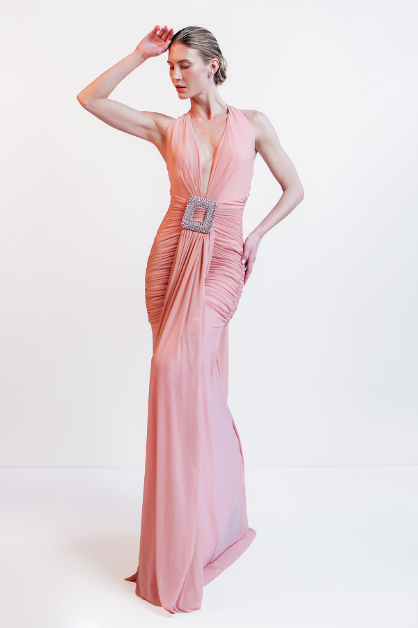 VESTIDO LONGO ROSA COM FIVELA DE CRISTAL UNITY SEVEN
