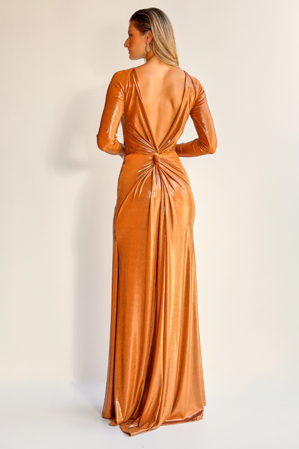 VESTIDO LONGO COBRE COM MANGAS LONGAS UNITY SEVEN