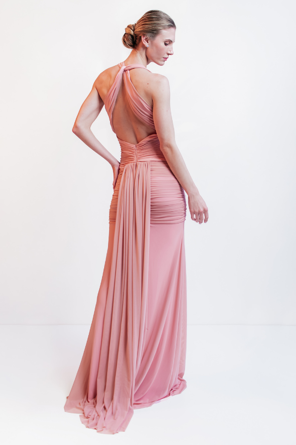 VESTIDO LONGO ROSA COM FIVELA DE CRISTAL UNITY SEVEN