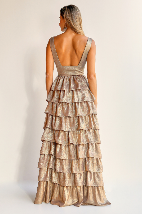 VESTIDO LONGO DOURADO COM BABADOS UNITY SEVEN