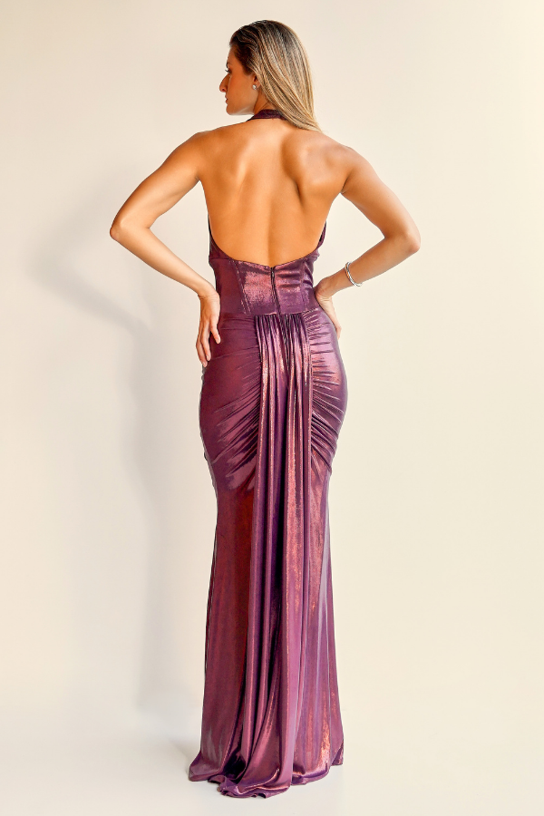 VESTIDO LONGO AMEIXA METALIZADO COM DECOTE HALTER UNITY SEVEN
