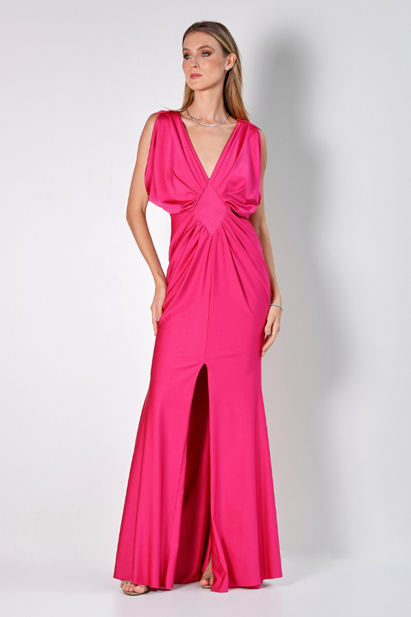 VESTIDO LONGO ROSA COM MANGAS ABERTAS UNITY SEVEN