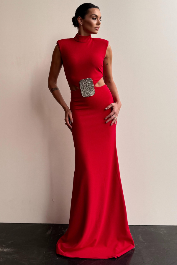 VESTIDO LONGO VERMELHO COM RECORTES UNITY SEVEN