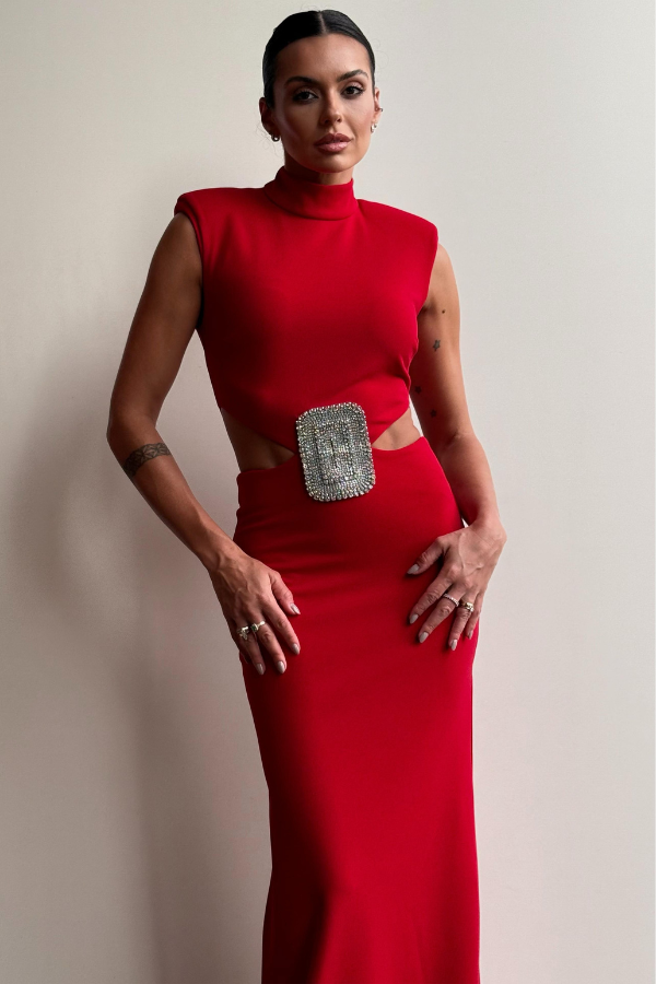 VESTIDO LONGO VERMELHO COM RECORTES UNITY SEVEN