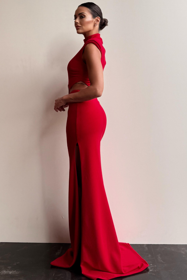 VESTIDO LONGO VERMELHO COM RECORTES UNITY SEVEN
