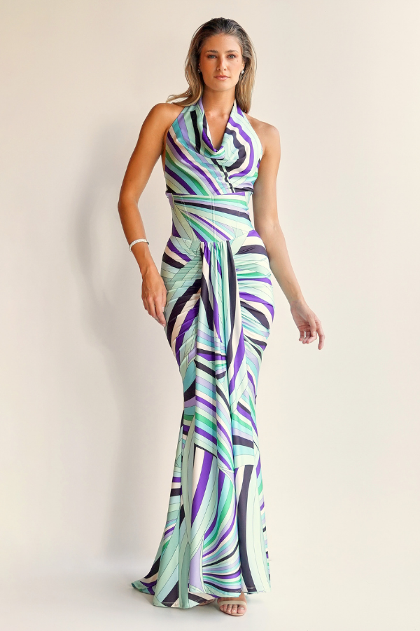 VESTIDO LONGO ESTAMPADO COM DECOTE HALTER UNITY SEVEN