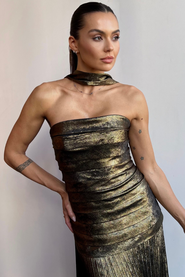 VESTIDO LONGO METALIZADO SEM ALÇAS UNITY SEVEN