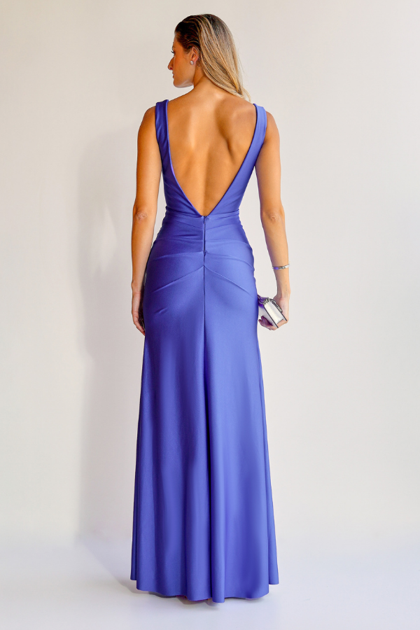 VESTIDO LONGO AZUL COM DECOTE DRAPEADO UNITY SEVEN