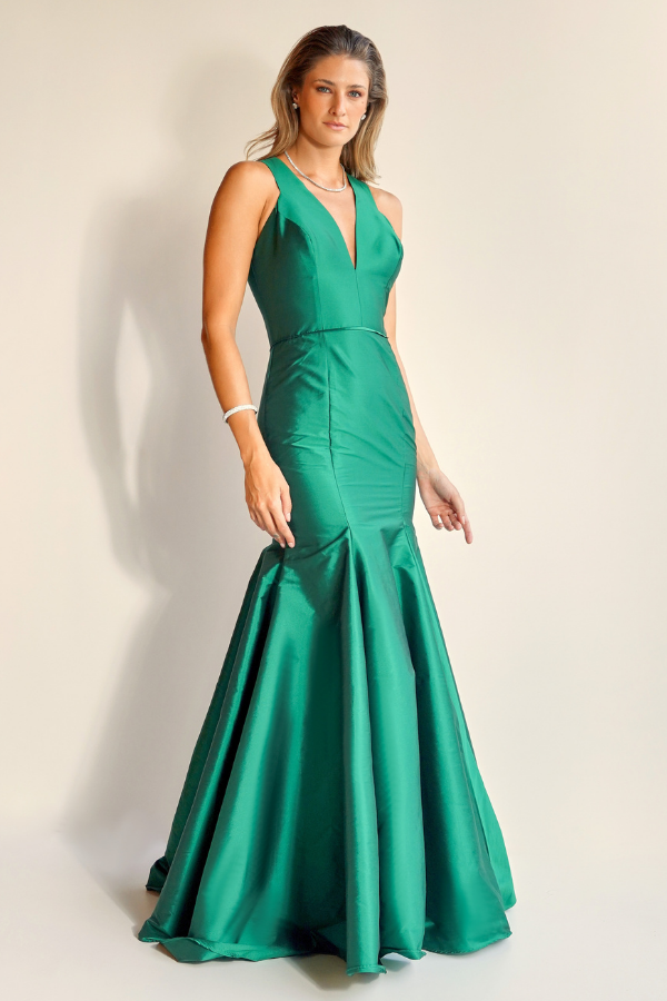 VESTIDO LONGO VERDE ESMERALDA EM TAFETÁ UNITY SEVEN