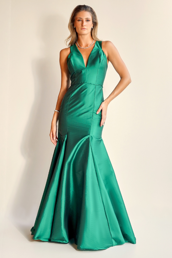 VESTIDO LONGO VERDE ESMERALDA EM TAFETÁ UNITY SEVEN