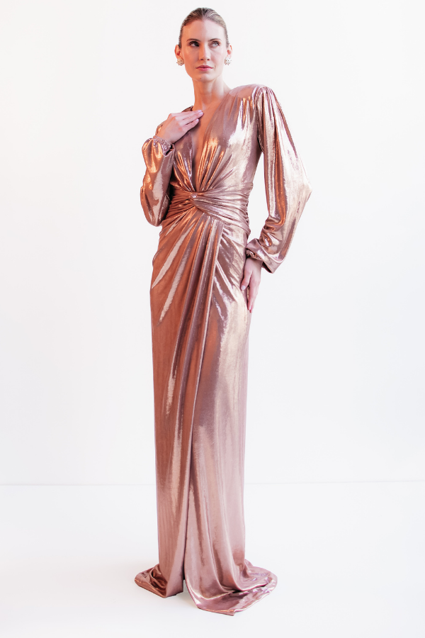 VESTIDO LONGO ROSÊ METALIZADO DE MANGAS LONGAS UNITY SEVEN