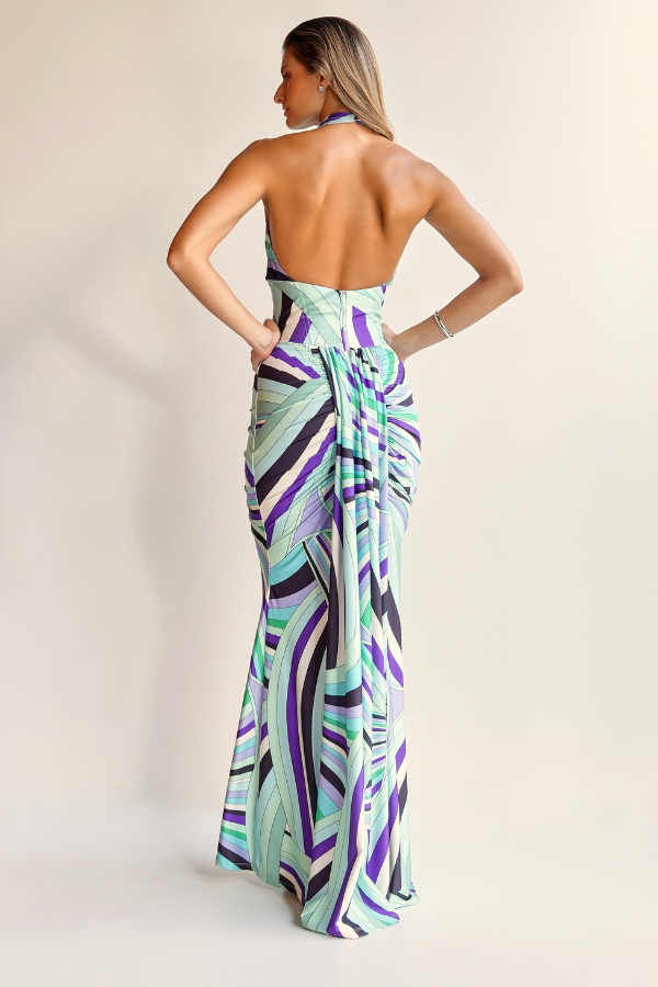 VESTIDO LONGO ESTAMPADO COM DECOTE HALTER UNITY SEVEN