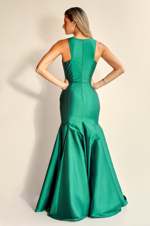VESTIDO LONGO VERDE ESMERALDA EM TAFETÁ UNITY SEVEN