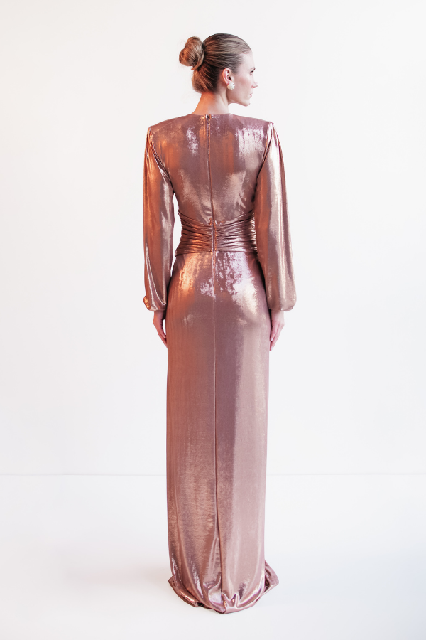 VESTIDO LONGO ROSÊ METALIZADO DE MANGAS LONGAS UNITY SEVEN